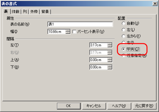配置を「中央」にする