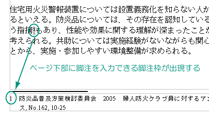 [挿入]→[脚注]で脚注枠が出現