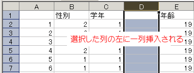 選択した列の左に空白の列が挿入