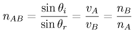 n_{AB} =  \frac{\sin \theta_i}{\sin \theta_r}
= \frac{v_A}{v_B} = \frac{n_B}{n_A}