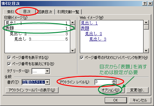 目次タブでオプションをクリック