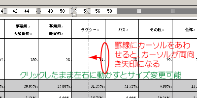 罫線をドラッグすると表のサイズが変更できる